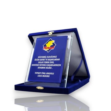 Mavi Zeminli Kadife Kutulu Kristal Plaket