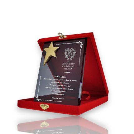 Füme Yıldızlı Kadife Kutulu Kristal Plaket