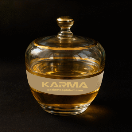 Altın Yaldızlı Logolu Kapaklı Şekerlik – El İşçiliği Cam Fırınlanmış Logolu Tasarım